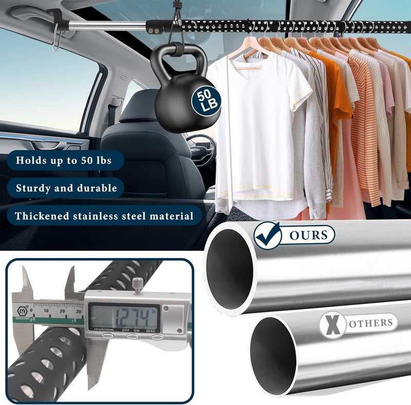 Greeily Car Clothes Hanger Bar, 33" to 54" Telescopic Clothes Rod for Car Travel Road Travelers Made of Stainless Steels Heavy Duty Car Bar Sturdy Rubber Grips and Rings - Image 4